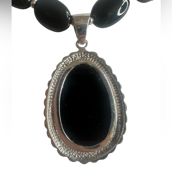Onyx Beaded Necklace w/ Large Black Stone Pendant, Sterling Silver - Picture 2 of 5